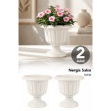 Meleni Home 2'li Ayaklı Çiçek Saksısı - Deliksiz Salon Balkon Dekorasyon Bitki Saksısı 3,4Lt Kirli Beyaz
