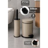 Meleni Home 2'li Banyo Seti - Silikon Uçlu Tuvalet Klozet Fırçası ve İç Kovalı Pedallı Metal Çöp Kovası 3L Bej