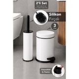 Meleni Home 2'li Banyo Seti - Silikon Uçlu Tuvalet Klozet Fırçası ve İç Kovalı Pedallı Metal Çöp Kovası 3L Beyaz