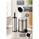 Meleni Home 2'li Banyo Seti - Silikon Uçlu Tuvalet Klozet Fırçası ve İç Kovalı Pedallı Metal Çöp Kovası 3L Krom