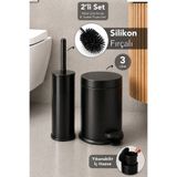 Meleni Home 2'li Banyo Seti - Silikon Uçlu Tuvalet Klozet Fırçası ve İç Kovalı Pedallı Metal Çöp Kovası 3L Siyah