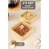 Meleni Home 2'li Kapaklı Bambu Çerezlik Seti - Kahve Yanı Sunum Kasesi Sunumluk Kahvaltılık Bambu Kase - 250 ml - Bej