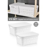 Meleni Home 2'li Kapaklı Delikli Dekoratif Piramit Saklama Kutusu - Dolap Düzenleyici Organizer 10,8 Lt Beyaz