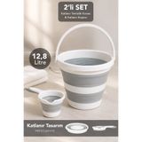 Meleni Home 2'li Katlanabilir Temizlik Seti - Pratik Taşınabilir Su Banyo Büyük Temizlik Kovası ve Maşrapa 12Lt Gri