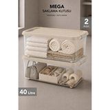Meleni Home 2'li Kilit Kapak Organizer - Çok Amaçlı Dolap İçi Düzenleyici Dekoratif Saklama Kutusu 40Lt Bej