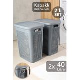 Meleni Home 2'li Kirli Çamaşır Sepeti Seti - 40 Litre Kapaklı Delik Detaylı Stash Slim Kirli Sepeti Gri