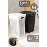 Meleni Home 2'li Kirli Çamaşır Sepeti Seti - 40 Litre Kapaklı Delik Detaylı Stash Slim Kirli Sepeti Siyah Beyaz