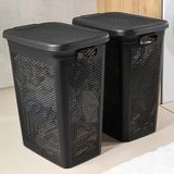 Meleni Home 2'li Kirli Çamaşır Sepeti Seti - 40 Litre Kapaklı Delik Detaylı Stash Slim Kirli Sepeti Siyah