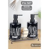 Meleni Home 2'li Metal Standlı Süngerli Sabunluk Seti - Mutfak Sıvı Sabun Bulaşık Deterjanı Şişesi 400ml - Siyah