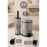 Meleni Home 2'li Modern Banyo Seti - Metal İç Kovalı 3Lt Çöp Kovası ve Klozet Tuvalet Fırçası Gri Mermer Desen