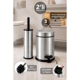Meleni Home 2'li Modern Banyo Seti - Metal İç Kovalı 3Lt Çöp Kovası ve Klozet Tuvalet Fırçası Krom