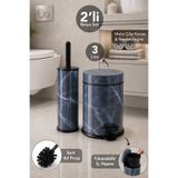 Meleni Home 2'li Modern Banyo Seti - Metal İç Kovalı 3Lt Çöp Kovası ve Klozet Tuvalet Fırçası Lacivert Mermer Desen