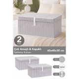 Meleni Home 2'li Set Kapaklı Çok Amaçlı Hurç Saklama Kutusu Organizer Mega 60 x 40 x 30 cm Gri