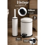 Meleni Home 2'li Vintage Banyo Seti - İç Hazneli Pedallı Metal Çöp Kovası ve Silikon Uçlu Banyo Fırçası 3L Beyaz