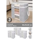 Meleni Home 3 Adet Pencereli Saklama Hurcu - Çizgili Kıyafet Düzenleme Yastık Saklama Organizer 30x45x50 Gri