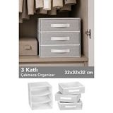 Meleni Home 3 Bölmeli Düzenleyici - Çok Amaçlı Çizgili 3 Katlı Bebek Eşyası Çorap Dolap İçi Organizer 32x33x32cm Gri
