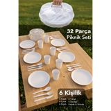 Meleni Home 32 Parça 6 Kişilik Piknik Seti - Taşınabilir Saklama Kutulu Outdoor Kamp Bahçe Servis Seti Beyaz