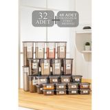 Meleni Home 32'li Etiketli Kapaklı Kare Erzak Saklama Kabı Seti 8x(0,3 Lt-0,5 Lt-1,1 Lt-1,7 Lt) Baharatlık
