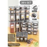 Meleni Home 38'li Kare Saklama Kabı Seti Baharatlık Seti 4x 1700ml 1100ml 10x 500ml 350 Ml 300 Ml Antrasit