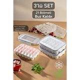 Meleni Home 3'lü 21 Bölmeli Sızdırmaz Kilitli Buz Kalıbı Seti - Kapaklı Hava Geçirmez Buzluk - Vakumlu Buz Kabı Şeffaf