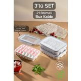 Meleni Home 3'lü 21 Bölmeli Sızdırmaz Kilitli Buz Kalıbı Seti - Kapaklı Hava Geçirmez Buzluk - Vakumlu Buz Kabı