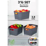 Meleni Home 3'lü 3800 ml Buzdolabı Düzenleyici - Mutfak Banyo Dekoratif Dolap Içi Çok Amaçlı Organizer Antrasit - 3,8 lt