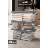 Meleni Home 3'lü Çok Amaçlı Kutu - Kilit Kapaklı Dolap İçi Düzenleyici Kıyafet Depolama Organizer 30lt Gri