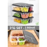 Meleni Home 3'lü Dikdörtgen 3 Bölmeli Saklama Kabı - Mikrodalga Uyumlu Organizer Derin Dondurucu Erzak Kabı - 800 ml - Gri