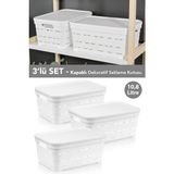 Meleni Home 3'lü Kapaklı Delikli Dekoratif Piramit Saklama Kutusu - Dolap Düzenleyici Organizer 10,8 Lt Beyaz