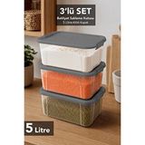 Meleni Home 3'lü Kilit Kapaklı Erzak Düzenleyici - Erzak Şeker Un Saklama Kabı Mutfak Kiler Organizer 5lt Gri