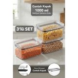 Meleni Home 3'lü Pure Dikdörtgen Saklama Kabı - Contalı Hava Almaz Şeffaf Mika Un Erzak Bakliyat Kabı 1000 ml - Beyaz