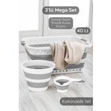 Meleni Home 3'lü Silikon Katlanır Set - Büyük Boy Katlanabilir Çamaşır Sepeti Akordiyon Su Kovası Maşrapa Gri