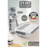 Meleni Home 4 Bölmeli Lunch Box & 700 ml Matara Seti - Çatal Kaşıklı Yemek Kabı ve Taşıma Kulplu Su Şişesi Gri