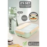 Meleni Home 4 Bölmeli Lunch Box & 700 ml Matara Seti - Çatal Kaşıklı Yemek Kabı ve Taşıma Kulplu Su Şişesi Yeşil