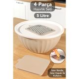 Meleni Home 4 Parça Rendeli Saklama Kabı - 5 Lt Büyük Boy Çok Amaçlı Kapaklı Çırpma Karıştırma Kabı Bej