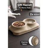 Meleni Home 400ML Çift Bölmeli Mama Kabı - Kaymaz Taban Kedi Köpek Evcil Hayvan Mama Kasesi Su Kabı Bej