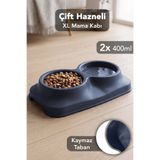 Meleni Home 400ML Çift Bölmeli Mama Kabı - Kaymaz Taban Kedi Köpek Evcil Hayvan Mama Kasesi Su Kabı Lacivert