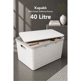 Meleni Home 40Lt Dekoratif Saklama Kutusu - Kapaklı Banyo Mutfak Organizer Dolap içi Düzenleyici Beyaz
