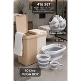 Meleni Home 4'lü Banyo Seti - 90Lt Bej Kirli Sepeti Su Kovası Akordiyon Çamaşır Sepeti Maşrapa Yıkama Filesi