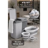Meleni Home 4'lü Banyo Seti - 90Lt Platin Kirli Sepeti Akordiyon Çamaşır Sepeti Su Kovası Maşrapa Yıkama Filesi