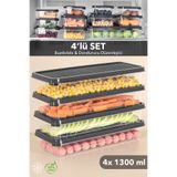 Meleni Home 4'lü Buzdolabı Düzenleyici Buzluk Saklama Kabı Mikrodalga Difrize Uygun Organizer Antrasit 1300ml