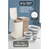 Meleni Home 4'lü Katlanır Çamaşır Sepeti Seti - 90 Lt Kirli Çamaşır Sepeti Latte, Katlanır Sepet Kova Maşrapa
