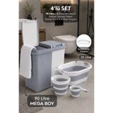 Meleni Home 4'lü Mega Banyo Seti - 90Lt Gri İki Bölmeli Kirli Sepeti Katlanır Çamaşır Sepeti Su Kova Maşrapa