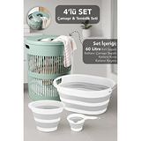 Meleni Home 4'lü Set - 60 Lt Solara Kirli Sepeti Yeşil, Katlanabilir Silikon Çamaşır Sepeti, Su Kovası, Maşrapa