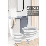 Meleni Home 4'lü Set - 90 Lt İki Bölmeli Kirli Çamaşır Sepeti Katlanabilir Sepet Akordiyon Su Kovası Maşrapa Gri