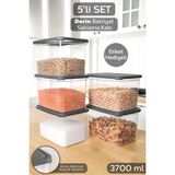 Meleni Home 5 Adet Etiketli Derin Erzak Saklama Kabı - Bakliyat Şeker Un Kabı Gıda Erzak Kutusu 3700 ml Şeffaf - 3,7 lt - Gri