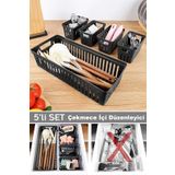 Meleni Home 5 Parça Modüler Çekmece İçi Organizer Set - Banyo Mutfak Makyaj Aksesuar Ofis Düzenleyici Siyah