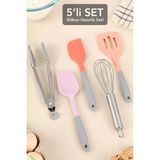Meleni Home 5 Parça Silikon Yemek Hazırlık Seti - Isıya Dayanıklı Yapışmaz Çırpıcı Maşa Spatula Mutfak Seti - Çok Renkli