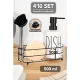 Meleni Home 500 ml Seramik Sıvı Sabunluk - Metal Standlı Süngerli ve Temizleme Fırçalı Bulaşık Deterjanlık Beyaz