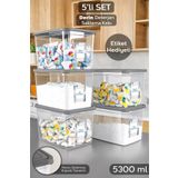 Meleni Home 5'li Mega Boy Deterjan Saklama Kutusu - Etiketli Banyo Tablet Toz Deterjan Kutusu 5,3 Litre Şeffaf